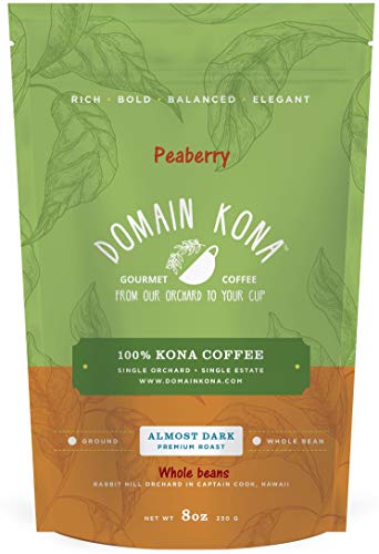100% Kona Coffee PEABERRY – Whole Bean, Almost Dark Roast, Single Estate, 8 ounces