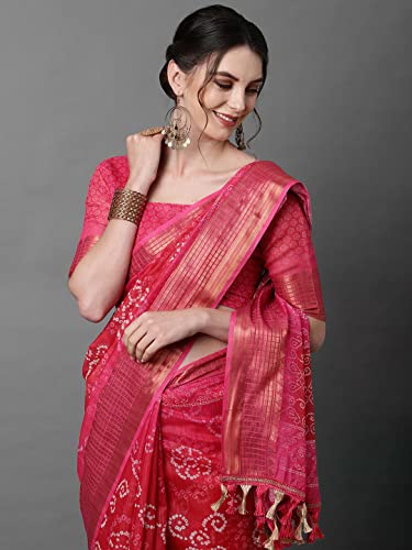 Image of AKHILAM Bandhani Print Linen Saree With Unstitched Blouse Piece for Women (SONPR1 Parent)