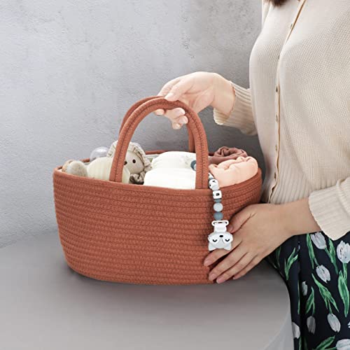 Image of XUANGUO Cotton Rope Baby Diaper Caddy Organizer Basket with handles Rust