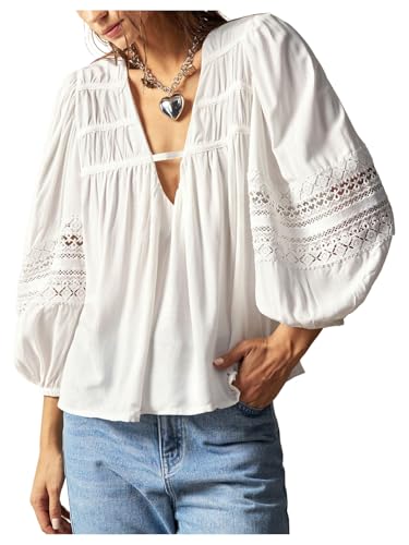 SHENHE Women's Boho V Neck Lantern Sleeve Oversized Embroidered Peasant Blouse Top Shirt