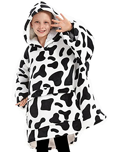 KFUBUO Kids' Wearable Blanket Hoodie – Sherpa Cow Print (6–10 Years)