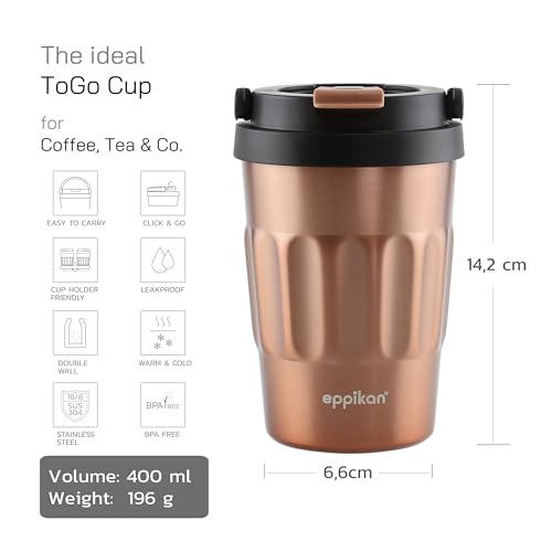 Foto von eppikan eppiCafé Edelstahl Thermobecher mit klappbarem Tragegriff - auslaufsicherer Coffee-To-Go-Becher für Kaffee und Tee 400 ml (Electric Copper)