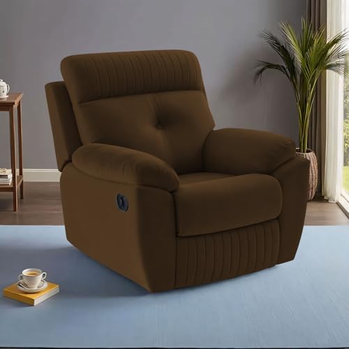 Image of Adorn India Premium Majestic 1 Seater Recliner Manual Sofa Chair | Brown Suede Velvet Fabric | Soft Padded Back Rest & Handrest | Living Room Recliner Chair | 3 Years Warranty