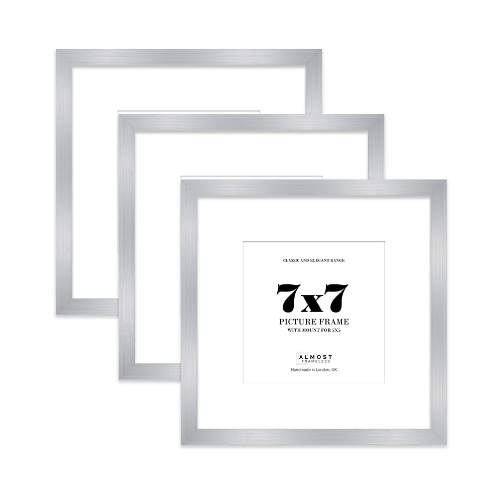 7x7 Silver Picture Frame with Mount for 5x5 Photos, Prints - Modern Square Wall Frame, Set of 3