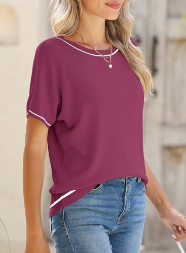Image of SHEWIN Womens Tops Trendy Short Sleeve Shirts Crewneck Lightweight Knit Sweater Top Business Casual Outfits