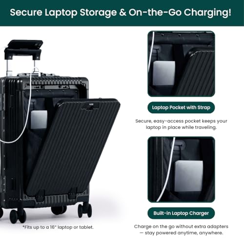 Nobl Travel Carry On Luggage, Noble Zipperless Aluminum Frame, 22.5x15x9.5, 360 Degree Spinner Wheels, TSA Locks, USB Charging Port, Cup & Phone Holder - Black2