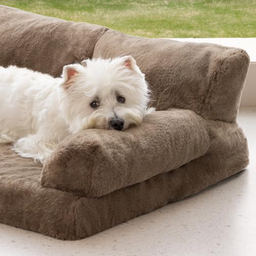 MEWOOFUN Orthopädisches Hundesofa, mittelgroß, wasserdicht, Anti-Angst-Plüschbezug für Welpen, 90 x 65 x 30 cm (Braun, L)