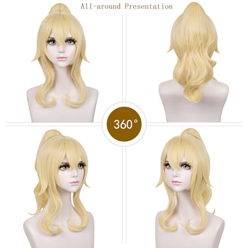 Image of LABEAUTE Blonde Ponytail Cosplay Wig for Jean, Golden Princess Wavy Hair with Pigtails Bangs + Wig Cap for Halloween Peach Costume