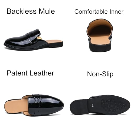 Mens Retro Patent Leather Slip-On Backless Mule Penny Loafer Smoking Slippers Non-Slip Low Heels Casual Shoes for Designer Luxury Dress Wedding Party Prom Shoes2