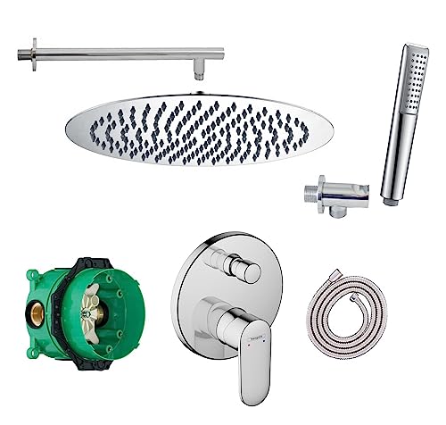 vanvilla Duschsystem mit Unterputz Duscharmatur von Hansgrohe Vernis Blend Einhebelmischer und vanvilla Regendusche mit Armatur, Duschkopf rund, Dusch-SET HGE105 poliert