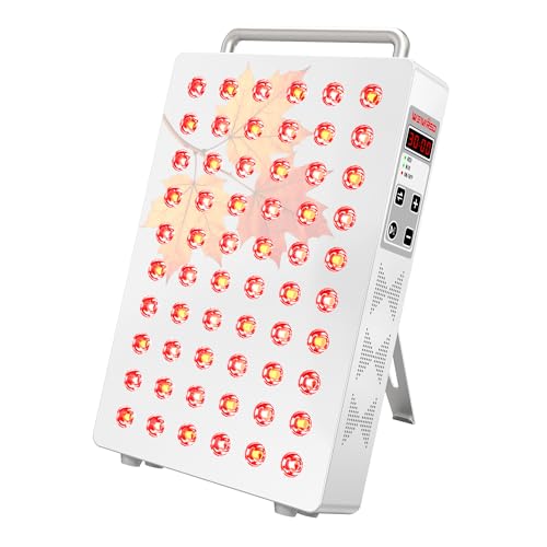 Image of Red Light Therapy Panel, 5 Wavelength 60 Dual Chip LEDs 630+660+810+830+850nm Near Infrared Lamp Therapy Device Timer & Stand for Body Pain Relief Face Skin Health Sleep 100W White