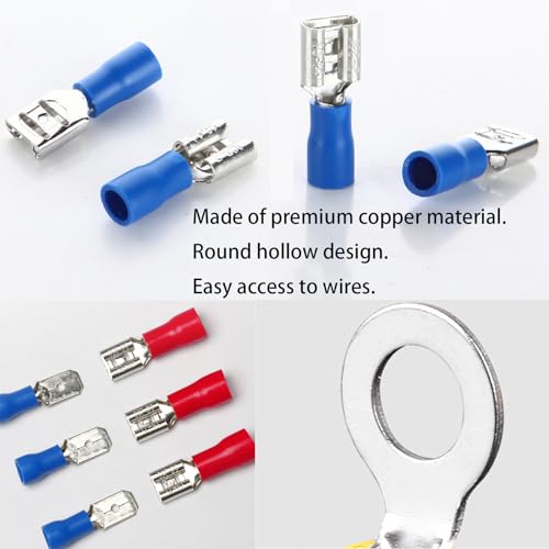 Image of Feggizuli 350pcs 19 Types Crimp Connectors, 2.8mm, 4.8mm, 6.3mm Male and Female Spade Terminals, Copper, Red, Blue, Yellow