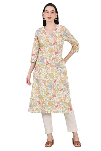 Image of White Floral Printed Pure Cotton Straight Kurta with Lace on Neck