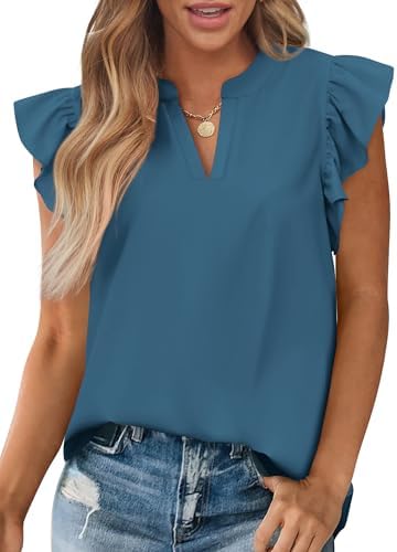 Zenlonr Womens Summer Tops 2025 Casual V Neck Ruffle Cap Sleeve Blouse Shirts Solid Color Tunic Tops