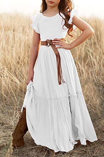 Mitilly Girls Lace Flower Ruffle Sleeve A-Line Swing Wedding Party Long Maxi Dress With Pockets 12 Years White #TOP3