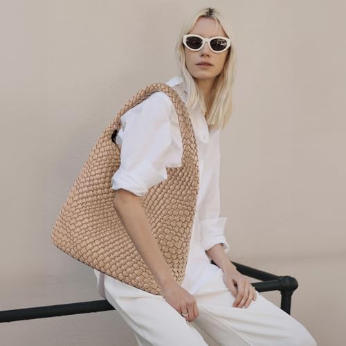 Image of Woven Tote Bag for Women with Purse, Vegan Leather Hobo Bags Large Handmade Underarm Shoulder Bag