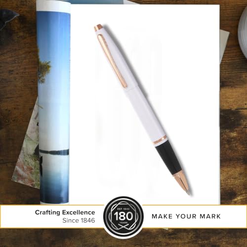 Image of Cross Calais White Lacquer Rollerball Pen with Rose Gold Appointments - Medium Point, Smooth Writing, Presented in a Luxury Gift Box