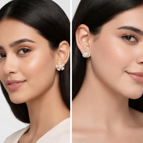 Image of Nilu's Collection Rose Gold Plated Triangular Design Pearl Stud Earrings With American Diamond for Women And Girls | Gift For Her | Anti- Allergy |Anti-Tarnish | Office Wear