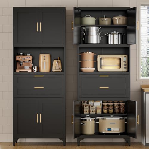 steelftyn 75' Pantry Storage Cabinet, Metal Cupboard with 2 Drawers, Tall Cabinet with 4 Doors and 2...