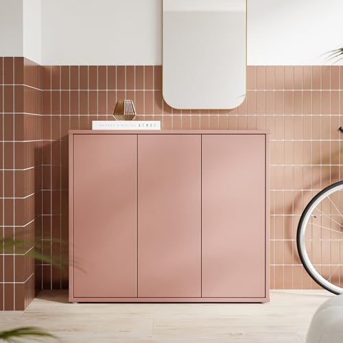 Forte Alice Springs Schuhschrank 100 110, moderner Flurschrank mit 3 Türen und 8 Einlegeböden, Holzwerkstoff, Terrakotta, 109,2 cm breit x 99,1 cm hoch x 34,9 cm tief