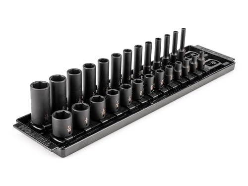 Image of TEKTON 1 /4 Inch Impact Socket Set, 26-Piece | SID90200 | (5 /32 - 11 /16 in.), Shallow and Deep, 6-Point, Socket Rail