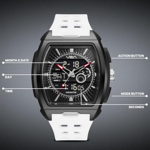 Image of V2A Impact 50mm Analog Digital Watch for Men | Tonneau Sports Case Design | Alarm Stopwatch Countdown Dual Time | TPU Strap | 50M Water Resistant | Gift for Men