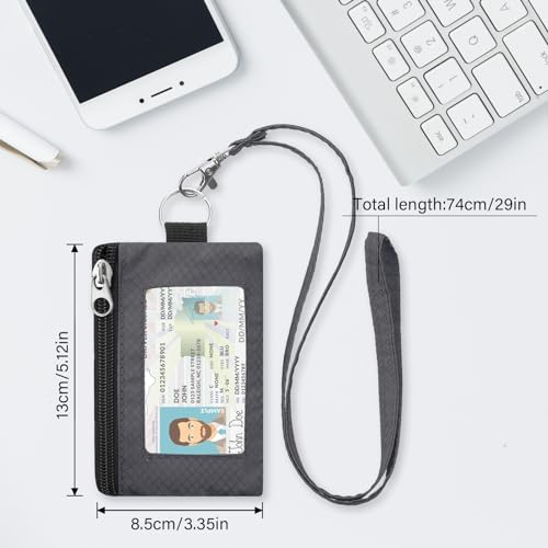 Image of Minimalist RFID Wallet with Lanyard, Multi-Functional ID Case with 2 Zipper Pockets and Key Chain for Men and Women, Tactical Badge Pouch Cards Holder, Coin Purse for Travel Sports-Gray