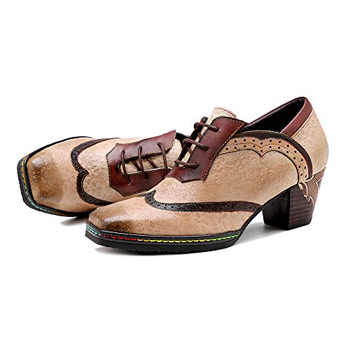 Crazycatz Leather Pumps,Womens Colorful Vintage Block Heel Oxford Vintage Shoes Pumps (Beige, Numeric_9) #TOP1