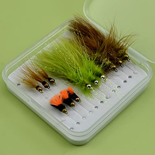 YAZHIDA | Kit de Pêche à la Mouche | 12 Pièces | Mouches Sèches et Humides | Woolly Bugger Silver Beads | Olive Prince John