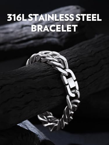 Bandmax Cuban Chain Bracelets for Men Women, Stainless Steel/Black/Gold Hip Hop Chunky Miami Curb Link Wristlet Bracelet Gift for Son Grandson Husband Father2