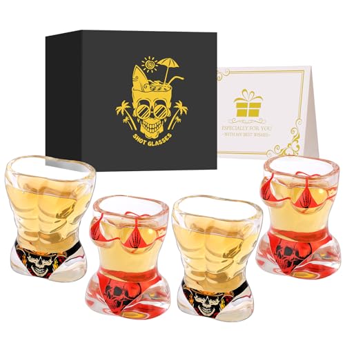 Verres à shot Muscle Man & Bikini en verre, design tête de mort personnalisé, lot de 4 avec boîte cadeau logo, verre à shot à base lourde 30ml, pour...