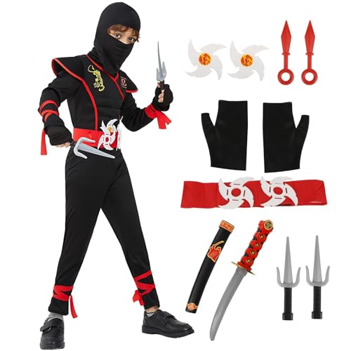 Kitimi - Disfraz Ninja para niños, negro, rojo, conjunto de ninja, con dardos, guantes de dagas, espada corta, Ninja Cosplay conjunto para Halloween, fiesta de Kung Fu carnaval, Navidad, fiesta