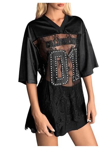 Women's Y2K Jersey Shirt Letter Graphic Beaded Short Sleeve See Through T Shirts V Neck Mesh Sheer Summer Jerseys Top