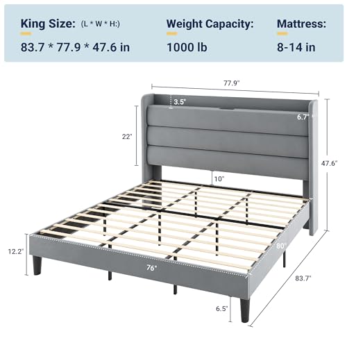 Image of Allewie King Size Upholstered Bed Frame with Charging Station, Grey