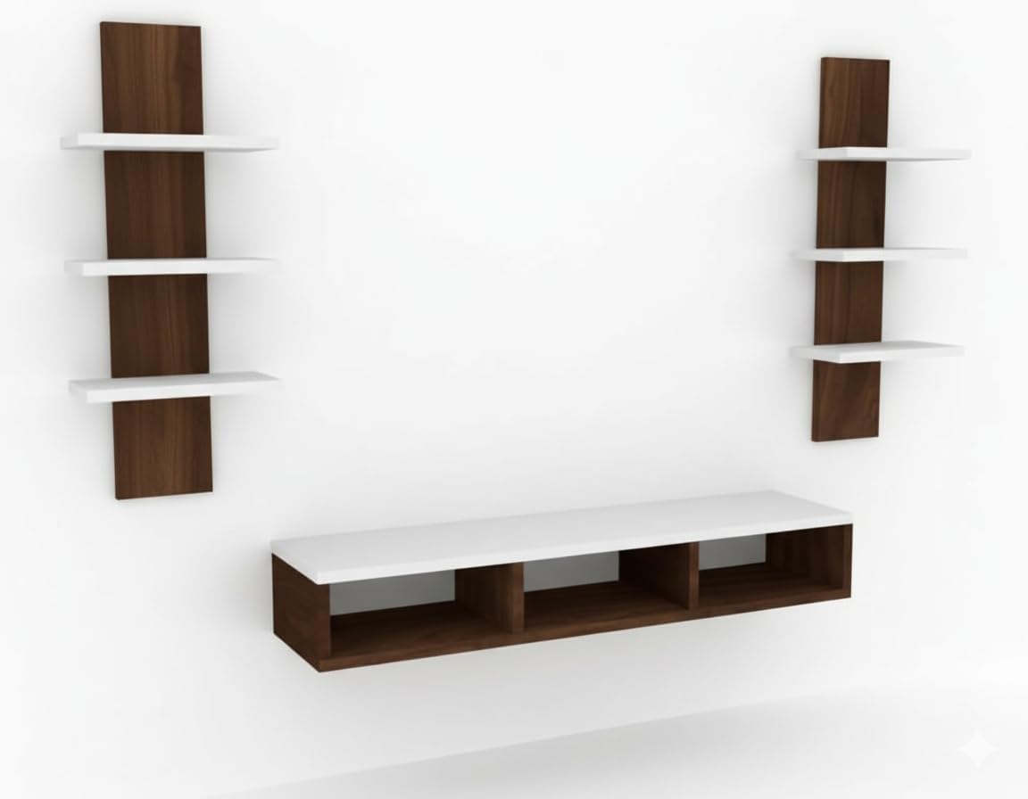 Premium | Wooden TV Entertainment Unit with 2 Wooden wall shelves, a floating Set Top Box Stand and TV Cabinet for TVs up to 106.7 cm - Brown and White Finish 2026 - view 2