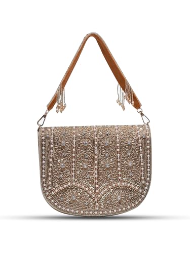 Image of THE TAN CLAN Kavya Beige Flap Over Bag Clutch Purses Luxury Evening Handbags with Handle