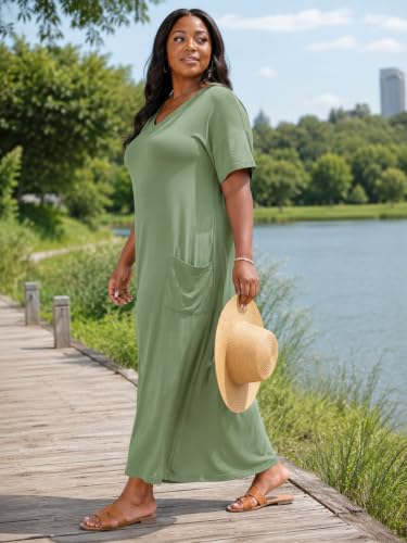 Image of Plus Size Maxi Dress for Women Short Sleeve V Neck Casual Loose Sundress with Pockets
