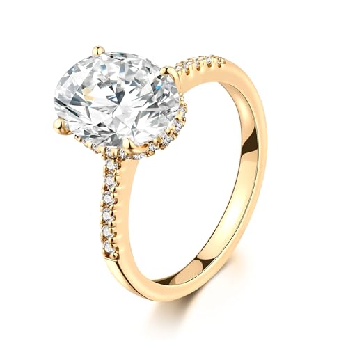 AllenCOCO Halo Engagement Rings – Thick 14K Gold Plated & Brilliant Cut CZ Promise or Wedding Rings for Women Ideal for Travel and Daily Wear