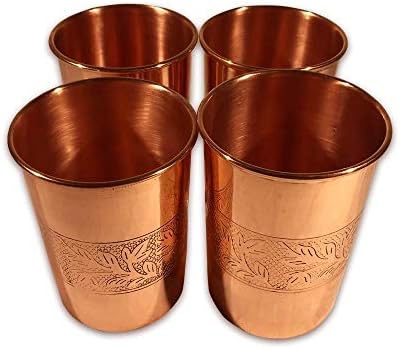 Designer Copper Glasses | Set of 4 | 100% Pure Copper | ~8 Oz per Copper Tumbler | Perfectly Etched Floral Print | Handmade Copper Cups for Healing Ayurvedic Benefits by MentHome