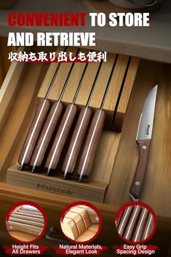 Image of Huusk Steak Knives Set of 6 with Wood Block, Serrated & Straight Dual-Edge | Drawer Organizer Included,Wood Full Tang Handle, Japanese Stainless Steel, Steaks Knives with Holder, Homewarming Gift Idea