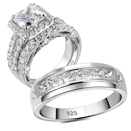 Wuziwen Wedding Wedding Ring Sets for Him and Her Set Princess Promise Ring for Couples Cubic Zirconia Sterling Silver Engagement 12+6