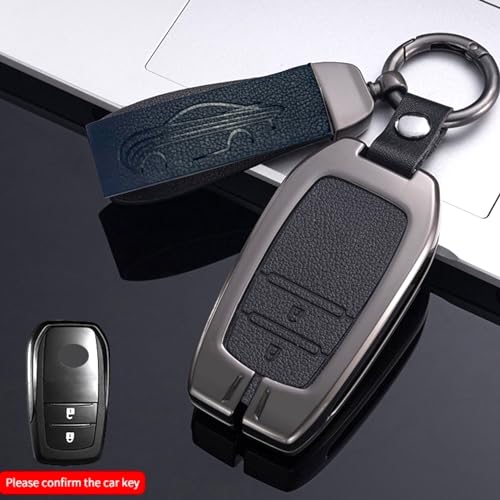 Image of Zinc Metal Alloy Leather Car Key Cover & Case Black with Keychain & Holder fit for Toyota Fortuner, Legender, Innova Crysta, HyCross, Land Cruiser, Hilux (2 BT Push Smart)