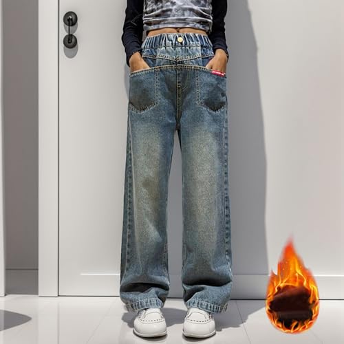 Girls Autumn and Winter Plus Fleece Bag Mop Wide Leg Pants Large Children Jeans Straight Pants Design Sense Sweats2