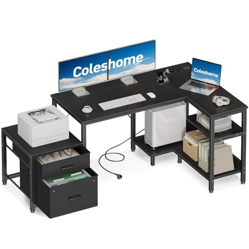 Coleshome Escritorio de Esquina para Computadora de con Cajones de Tela, 140x80 cm Escritorio en Forma de L para Oficina con Toma de Corriente, Mesa de Estudio Reversible, Negro