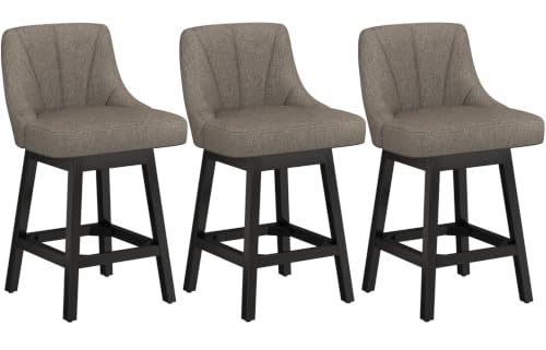Image of YaFiti 26 inch Fabric Swivel Bar Stools Set of 3 with Back &Wood Leg,Deep Taupe | Linen Fabric, Extra Upholstered Seat, Counter Stool, Square Solid Wood Legs, with Backrest & Footrest, for Kitchen Island Bar