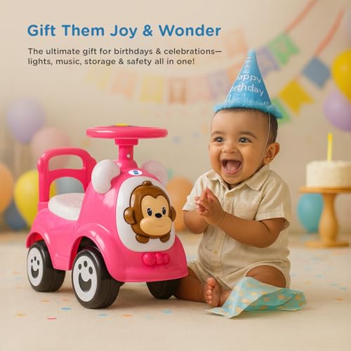 Image of Mee Mee Safari Cruze Ride on for Kids with Light Button,Music & Horn Steering, Push Car for Baby with Backrest, Safety Guard, Under Seat Storage & Big Wheels, for Kids 1-3 Yrs Upto 25 Kgs (Pink)