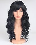 SYMEIW Black Wavy Wigs with Bangs for Women Glueless Black wigs Synthetic Long Black Wigs Natural Looking Heat Resistant for Daily Party Use 18 Inches