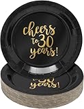 MEYIHO 24-Pack Cheers to 30 Years Plates for 30th Birthday, Anniversary Party Supplies, Black and Gold Foil (9 In)