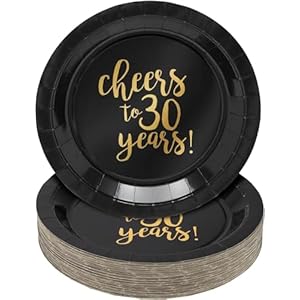 24-Pack Cheers to 30 Years Plates for 30th Birthday, Anniversary Party Supplies, Black and Gold Foil (9 In)