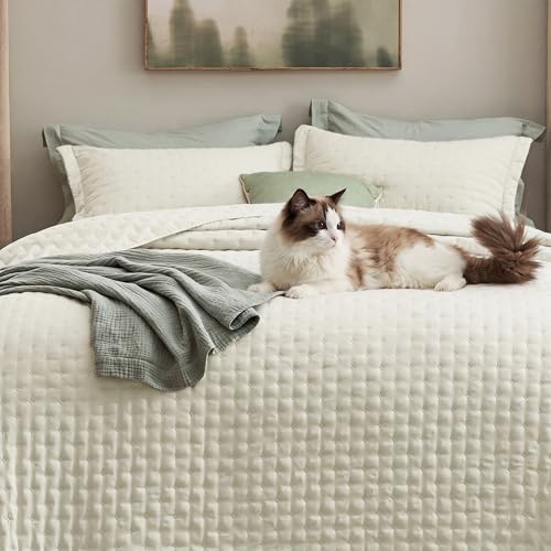 Image of Bedsure Quilts Queen Size - Cream Bedspread Queen Size & Lightweight Comforter, Modern Cottage Coverlet with Clover Pattern, Ultra Soft All-Season Bedding, 90 x 96 Inches